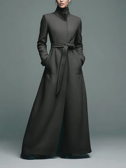 Capa larga para mujer en gris elegante de mezcla de lana con cuello tipo stand y cinturón MDA2470J6I