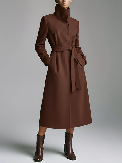 Abrigo femenino marrón sofisticado de lana y mezcla con botón y cinturón frontal MDA2191J4I