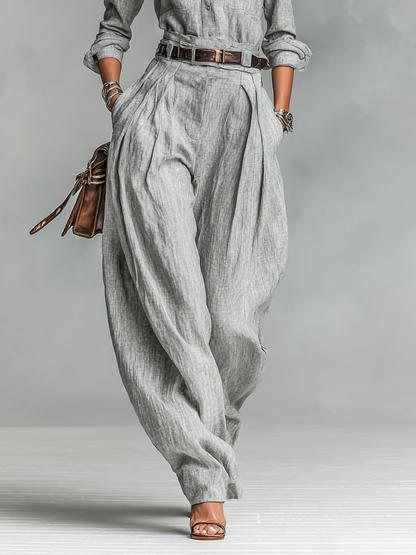 Conjunto de dos piezas para mujer, camisa de manga larga y pantalones de mezcla de algodón y lino (cinturón no incluido) MDA3105G6Y