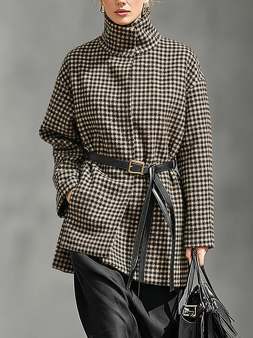 Abrigo para mujer de mezcla de lana con estampado de espiga, cuello alto, cinturón y largo medio MDA1781J4Y