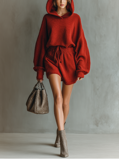 Conjunto casual de sudadera y pantalones cortos tejidos en marrón rojizo para mujer MDA2205J1T