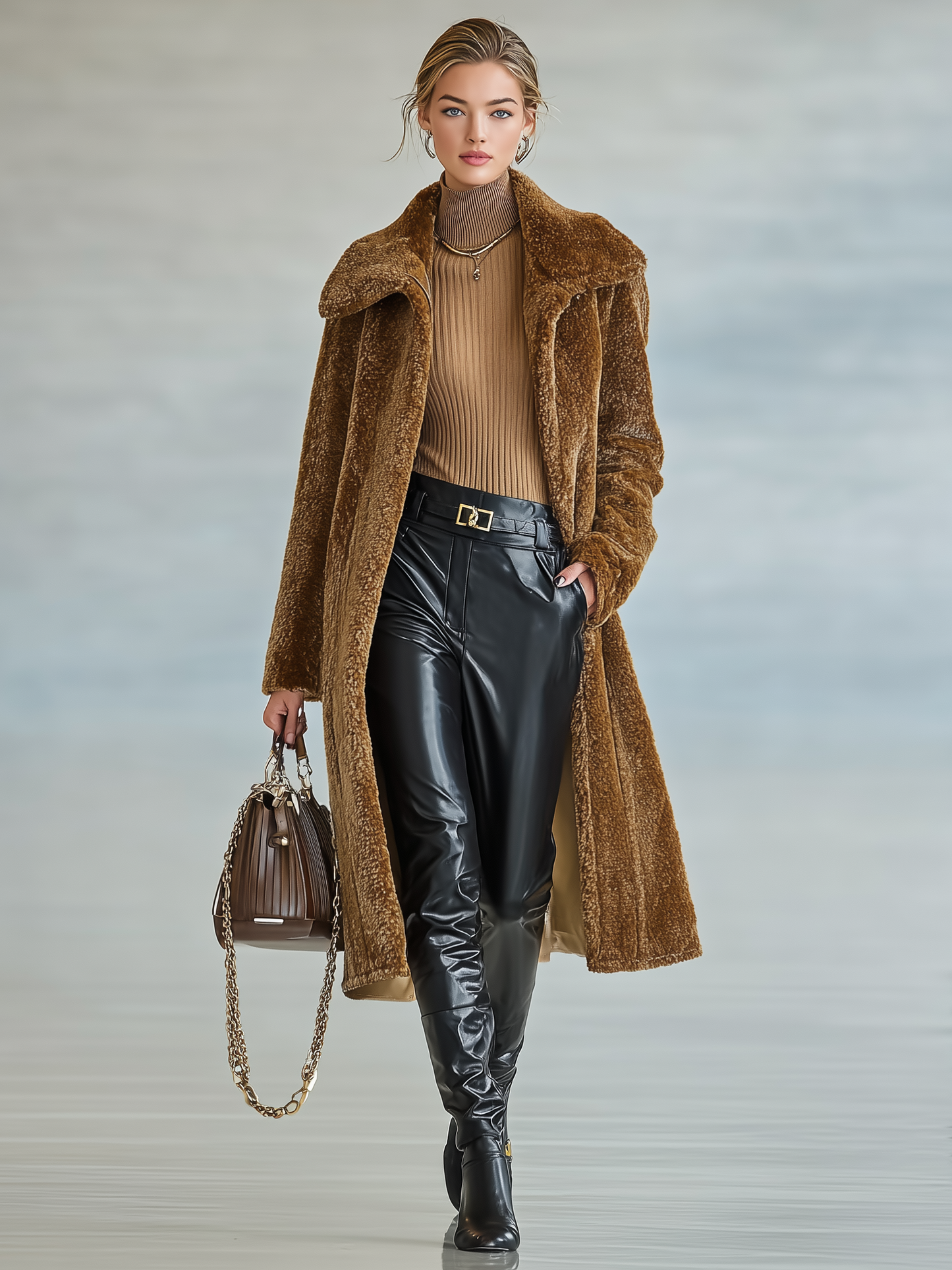 Abrigo de longitud media de felpa mezcla para mujer con solapa y sin botones MDA1075J2Y