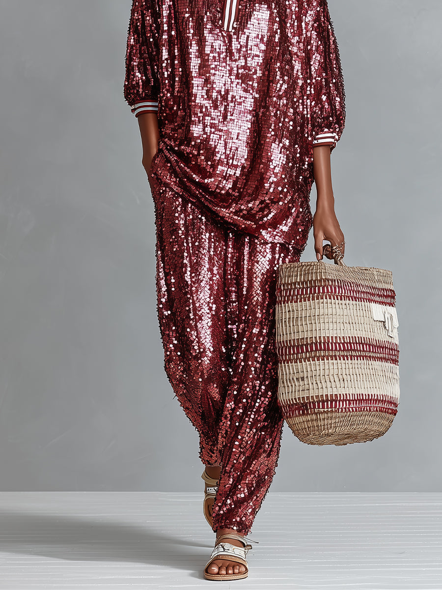 Conjunto de ropa de descanso para mujer, burdeos glamoroso con lentejuelas a rayas, con borde, talla grande MDA3059I3I