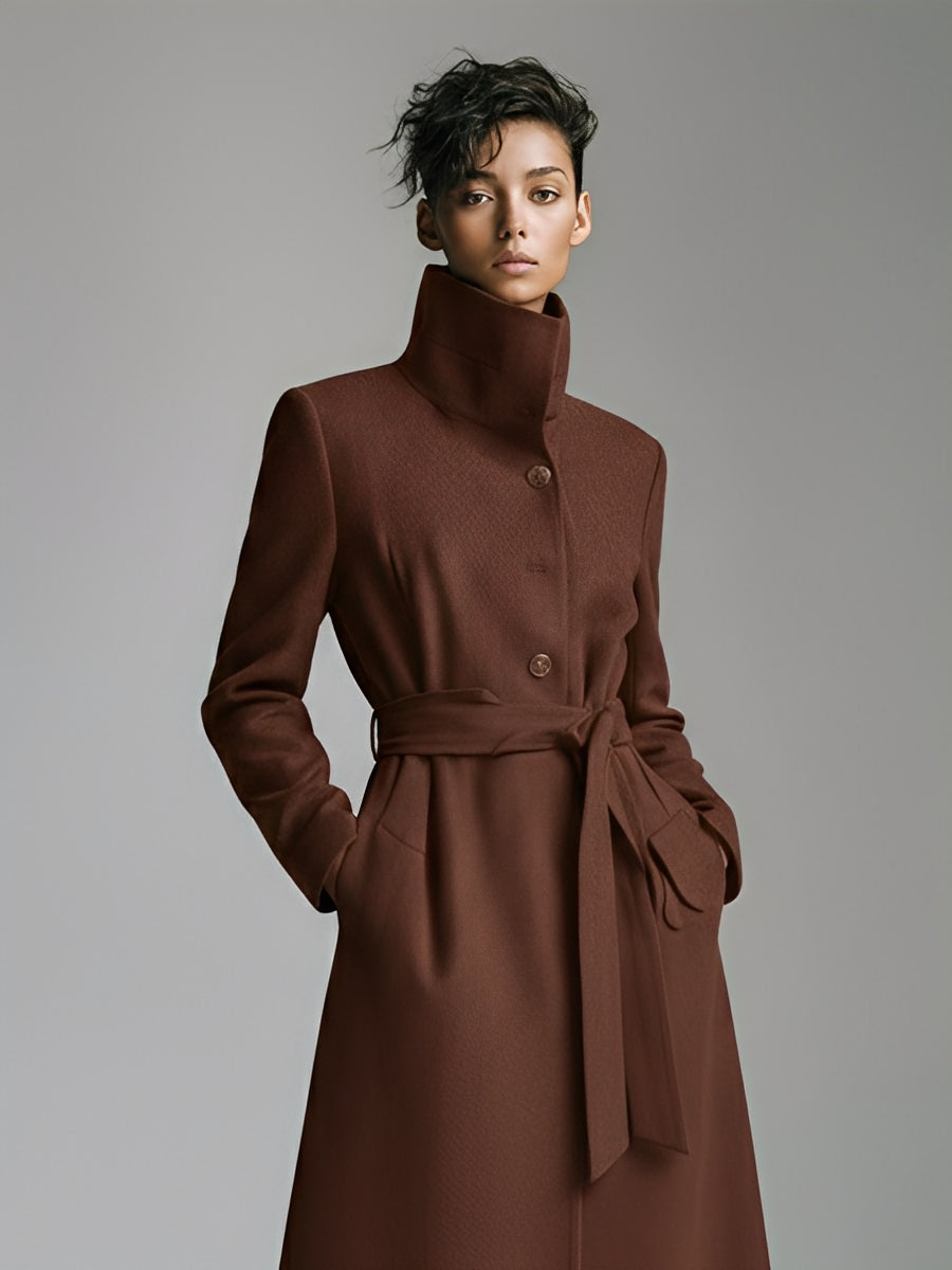 Abrigo femenino marrón sofisticado de lana y mezcla con botón y cinturón frontal MDA2191J4I