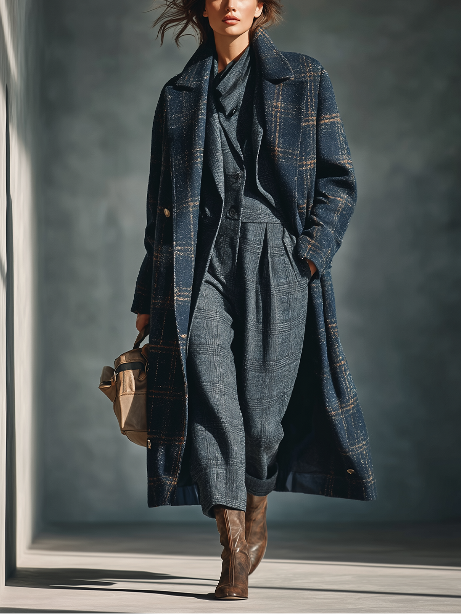 Abrigo de mujer a cuadros en lana con mezcla de color azul MDA2027J8T