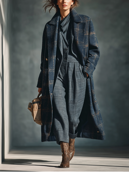 Abrigo de mujer a cuadros en lana con mezcla de color azul MDA2027J8T