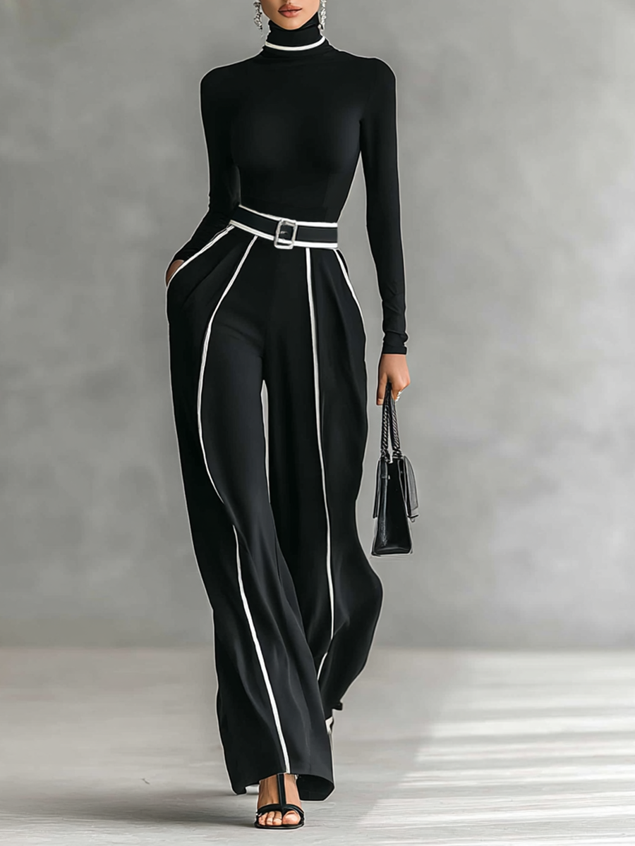 Elena -  Conjunto de 2 piezas: cuello alto y pantalón con cinturón
