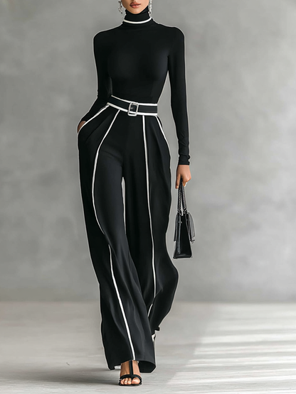 Elena -  Conjunto de 2 piezas: cuello alto y pantalón con cinturón