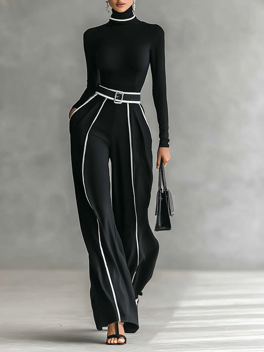 Elena -  Conjunto de 2 piezas: cuello alto y pantalón con cinturón