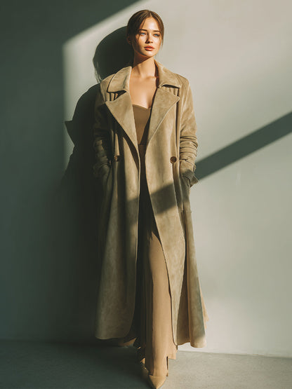 Abrigo de Dama Beige Elegante de Ante Con Doble Botonadura MDA2096J2I