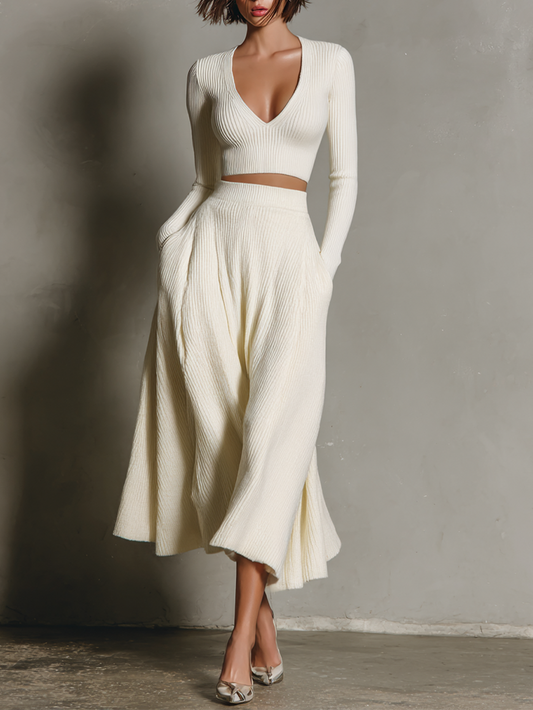 Conjunto de suéter corto y falda de punto de color sólido para mujer con cuello en V MDA2156J3Y