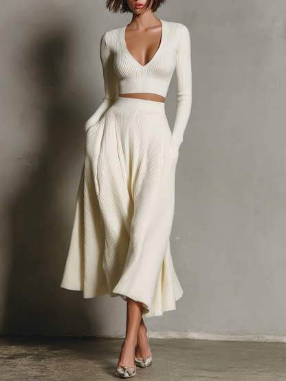 Conjunto de suéter corto y falda de punto de color sólido para mujer con cuello en V MDA2156J3Y