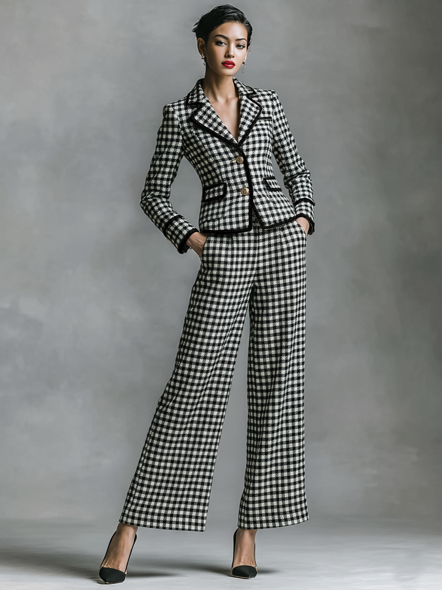 Conjunto de americana y pantalones de mezcla de lana a cuadros para mujer con borde negro MDA2249J8Y