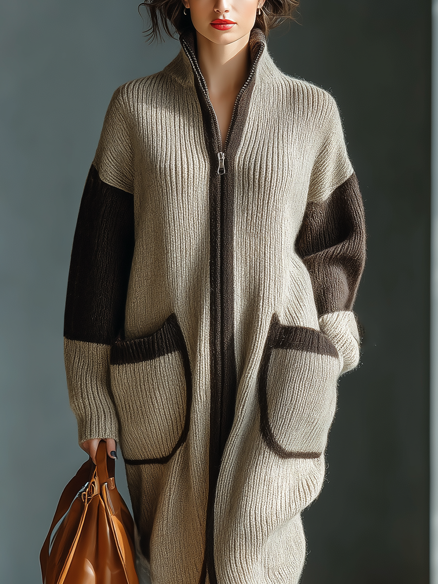 Cárdigan para mujer beige y marrón con cremallera y contraste en punto MDA2053J5T