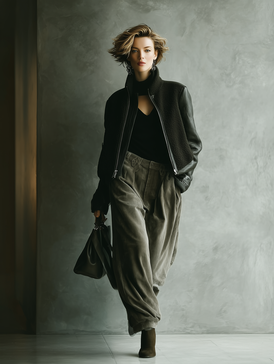 Chaqueta de mujer negra con paneles de sherpa y poliéster con cuello alto MDA1752J8T