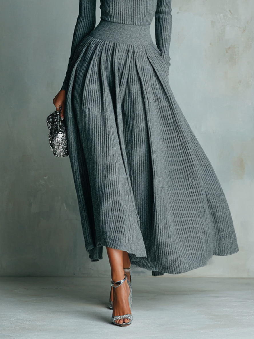 Conjunto de suéter de cuello alto y falda de punto de color sólido para mujer MDA2117J4Y