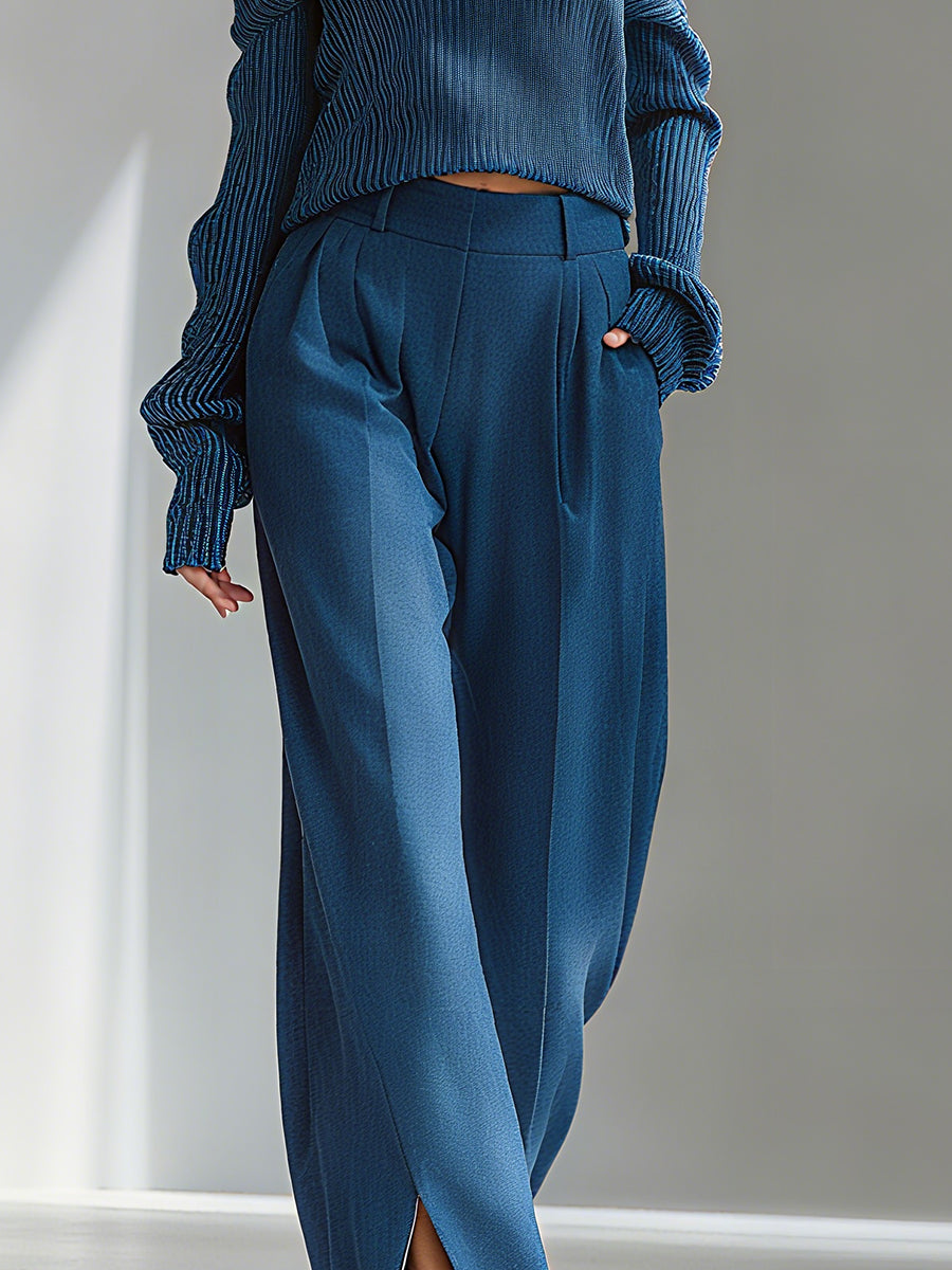 Conjunto de Suéter con Cuello Deportivo y Pantalones de Pierna Ancha para Mujer en Azul Elegante de Punto Ribeteado