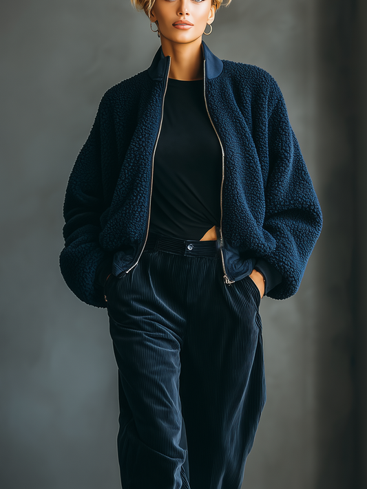 Chaqueta Casual Cómoda para Mujeres de Piel de Cordero Azul Oscuro MDA2140J1T