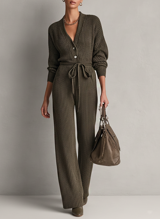 Mono de punto minimalista para mujer con cuello en V, botones y cinturón MDA2097J1Y