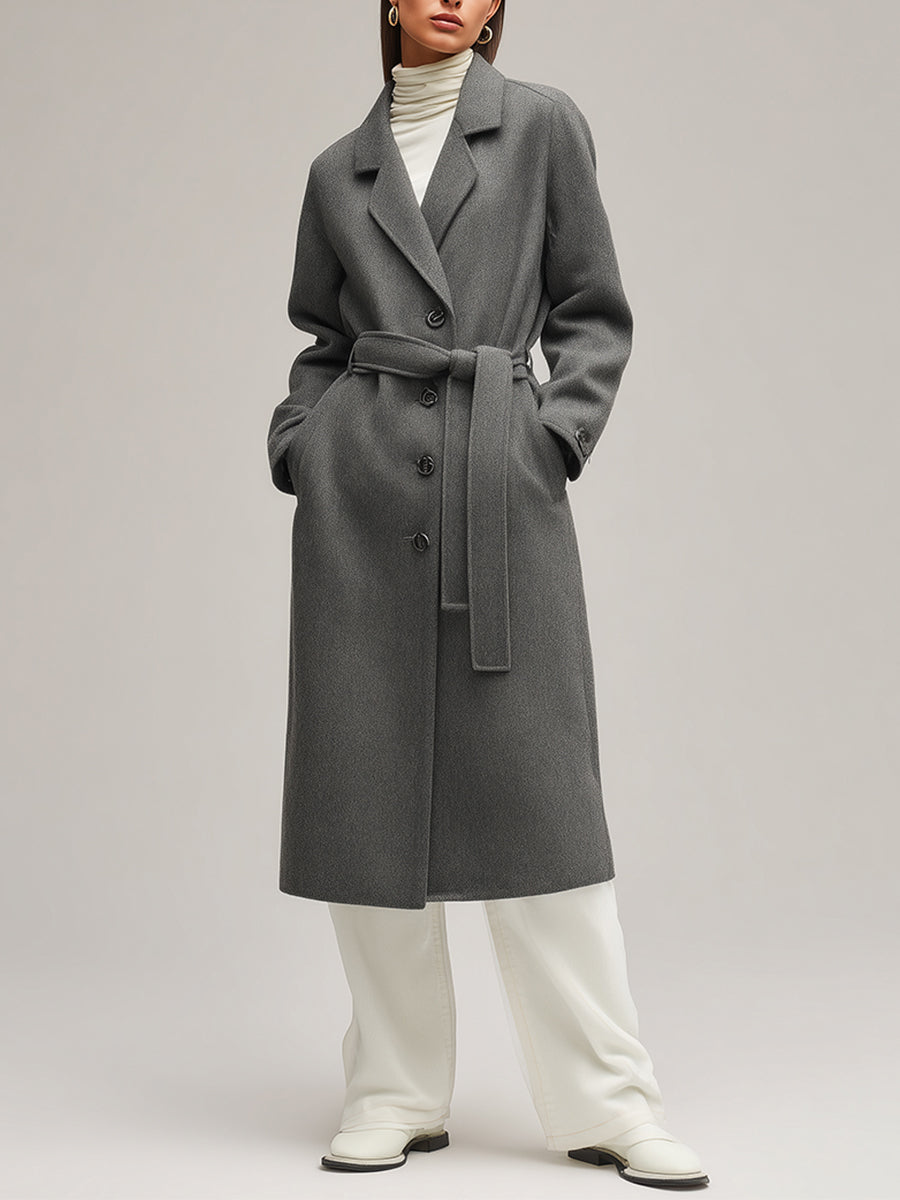 Abrigo de mujer gris de lana a medida con botones de un solo botón y cinturón en la cintura, estilo sofisticado para el día a día MDA2416J7I