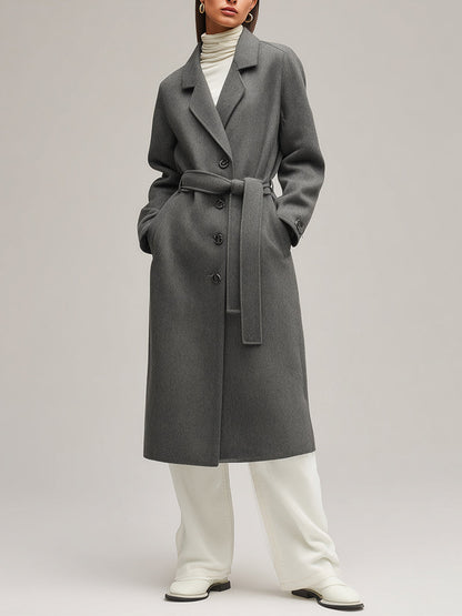 Abrigo de mujer gris de lana a medida con botones de un solo botón y cinturón en la cintura, estilo sofisticado para el día a día MDA2416J7I
