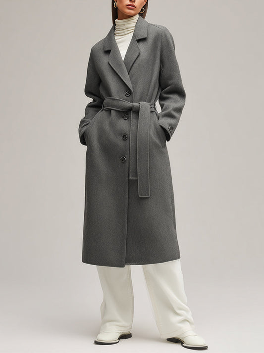 Abrigo de mujer gris de lana a medida con botones de un solo botón y cinturón en la cintura, estilo sofisticado para el día a día MDA2416J7I