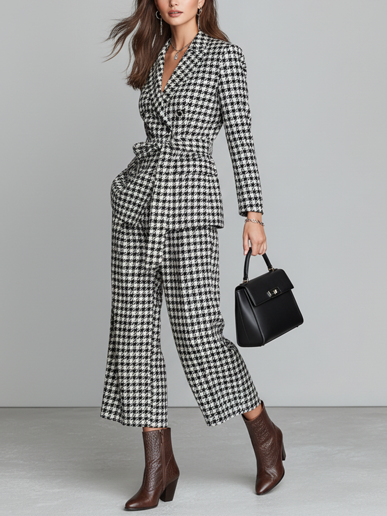 Conjunto de bléiser con estampado de pata de gallo para mujer con cinturón y pantalones cropped MDA1515J3Y