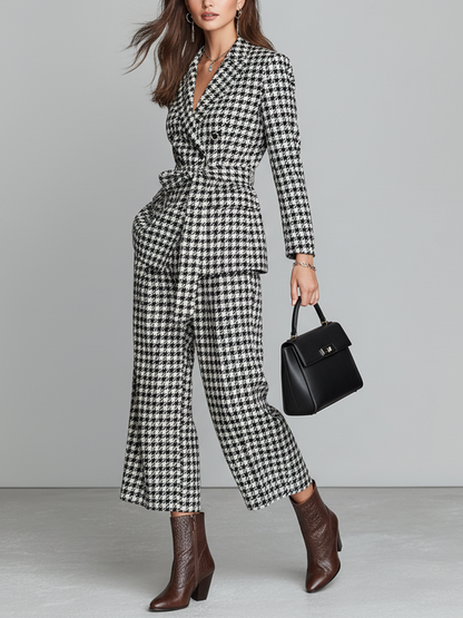 Conjunto de bléiser con estampado de pata de gallo para mujer con cinturón y pantalones cropped MDA1515J3Y