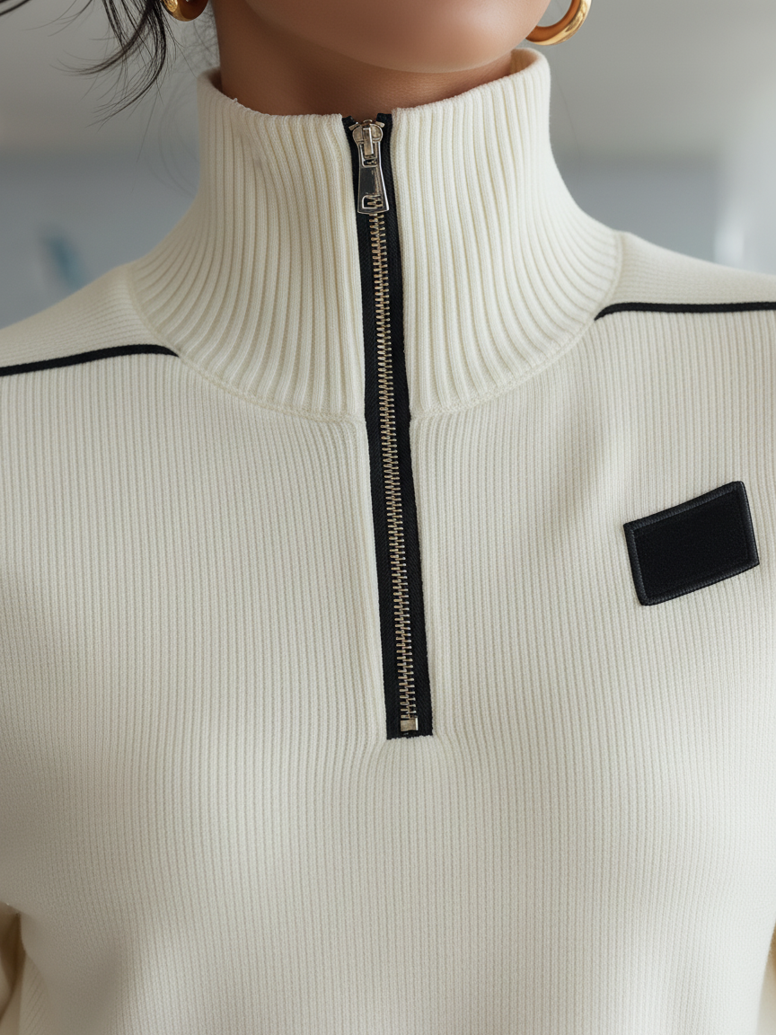 Conjunto deportivo casual para mujer con cuello medio de cremallera y ribete negro MDA2436I5Y