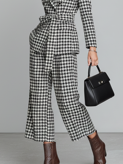 Conjunto de bléiser con estampado de pata de gallo para mujer con cinturón y pantalones cropped MDA1515J3Y