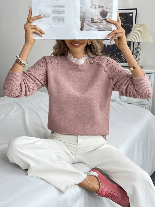 Blanca| Suéter de punto elegante con encaje y escote redondo