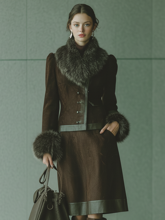 Chaqueta ajustada cómoda con cuello de ante sintético marrón oscuro para mujer MDA2004J5T