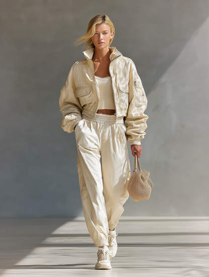 Conjunto de chamarra y pantalones casuales para mujer de mezcla de algodón color blanco roto MDA2132J2T