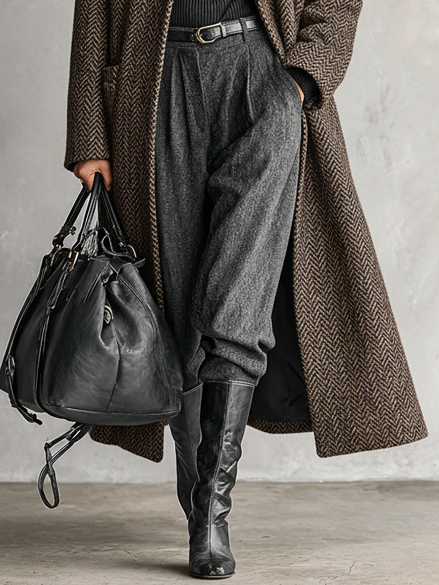 Abrigo largo minimalista para mujer de corte suelto con estilo espiga de mezcla de lana con solapa MDA1780J3Y