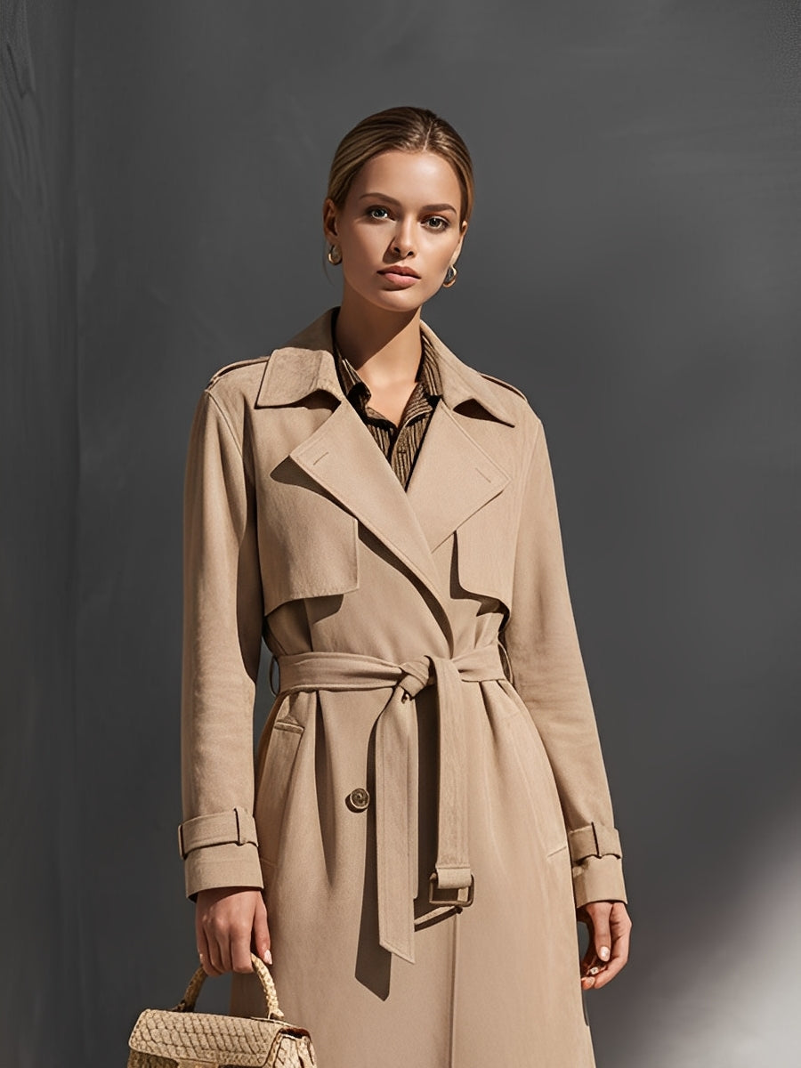 Abrigo Trench Sastre Beige para Mujer con Estilo Abotonado Dual y Cinturón en la Cintura, Elegancia Atemporal MDA2291J1I