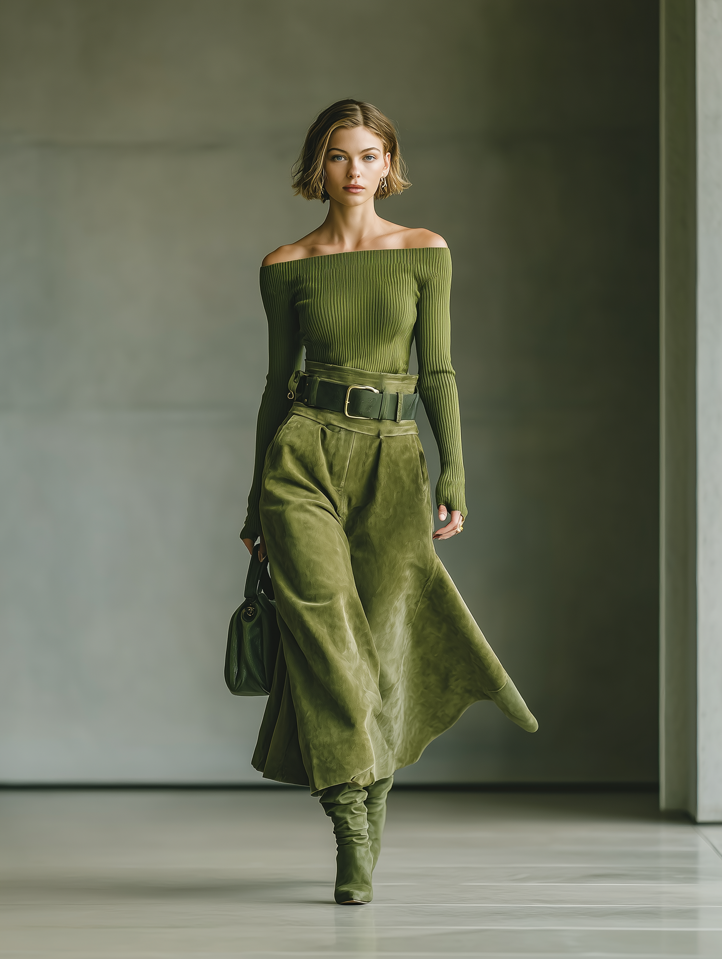 Conjunto de suéter verde oliva de manga larga y falda de ante sintético para mujer MDA2434J6T