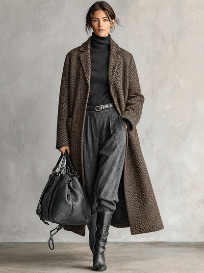 Abrigo largo minimalista para mujer de corte suelto con estilo espiga de mezcla de lana con solapa MDA1780J3Y