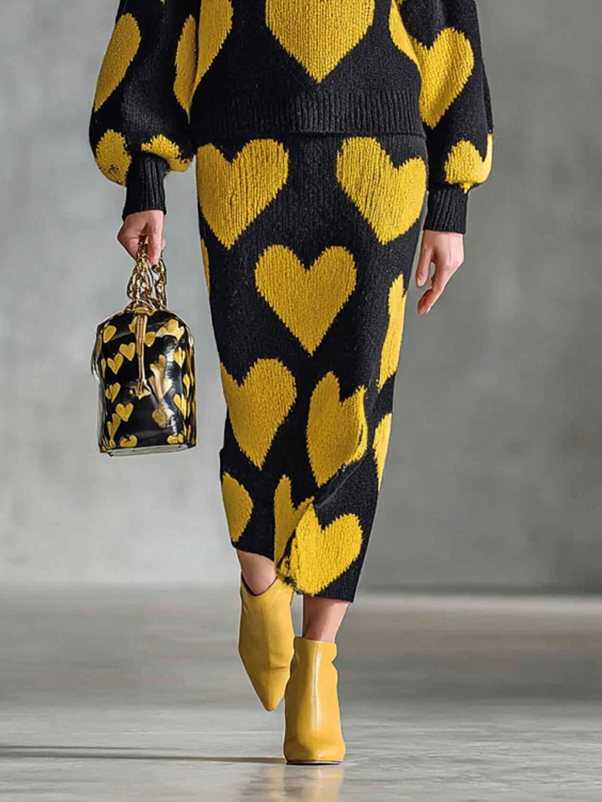 Conjunto de sudadera y falda de punto con corazón jacquard de mujer con cuello redondo MDA1599J8Y