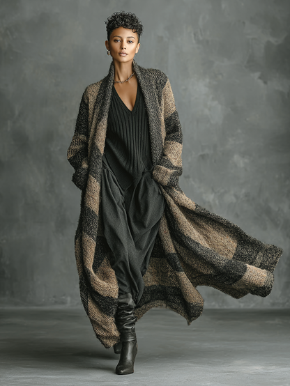 Cardigan Largo Retro de Mujeres con Rayas y Bloques de Color Suelto MDA2685H3Y