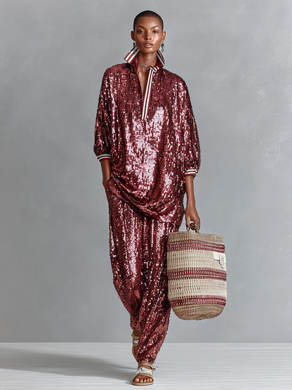 Conjunto de ropa de descanso para mujer, burdeos glamoroso con lentejuelas a rayas, con borde, talla grande MDA3059I3I