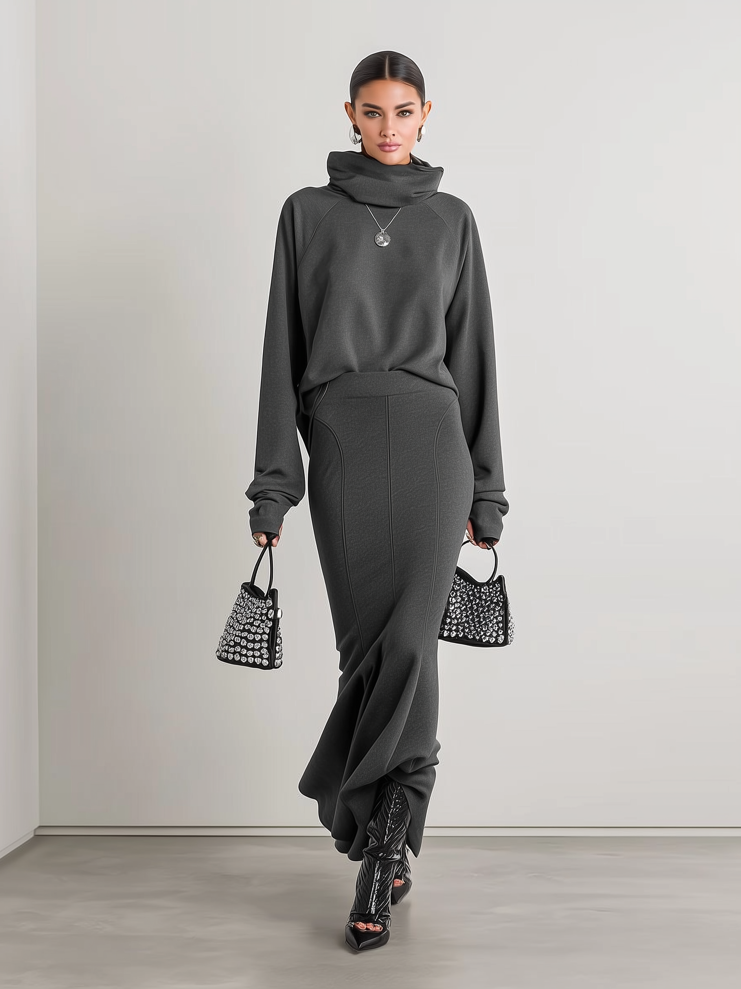 Conjunto de sudadera de manga larga con cuello medio para mujer, falda con cola de pez ajustada a la cadera MDA1136J6Y