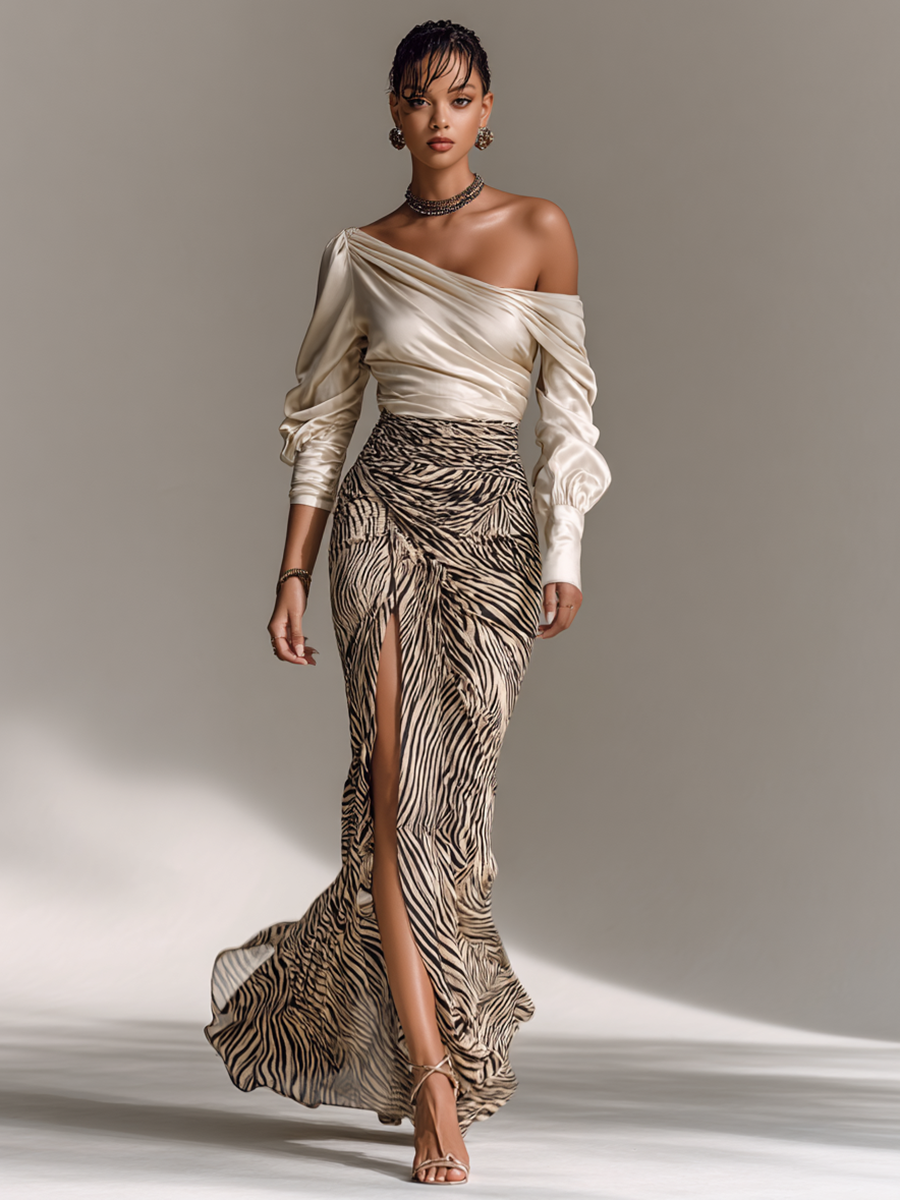 Conjunto de dos piezas para mujer, blusa de raso con cuello en off-shoulder de manga larga y falda con abertura y estampado de cebra sujetada en la cadera MDA1632G5Y