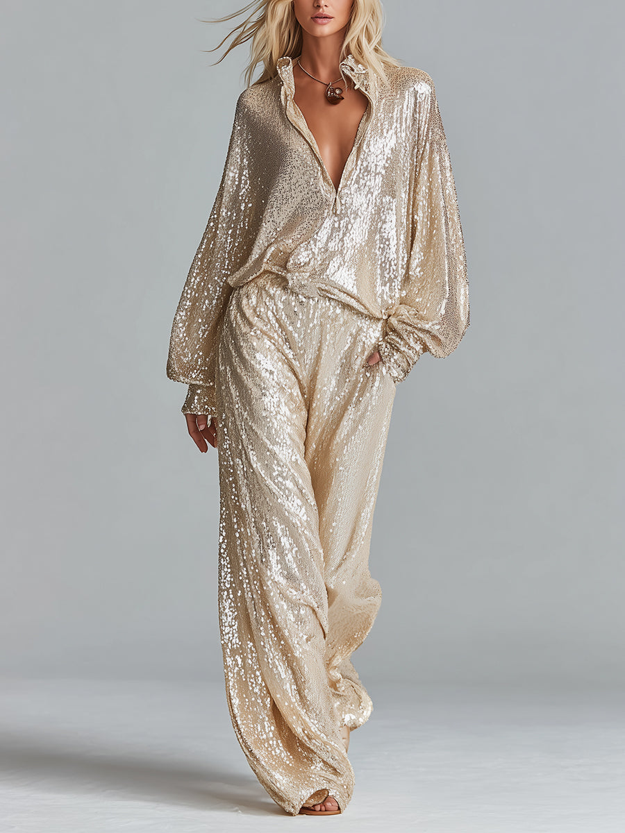 Conjunto de moda para mujer en oro brillante con cuello de lentejuelas, media cremallera, pantalones anchos y cómodos para fiesta MDA2425I0I