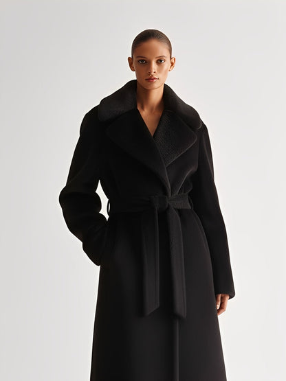 Abrigo de mujer negro de lana con cuello amplio y cinturón de atar, estilo minimalista elegante MDA2342J8I