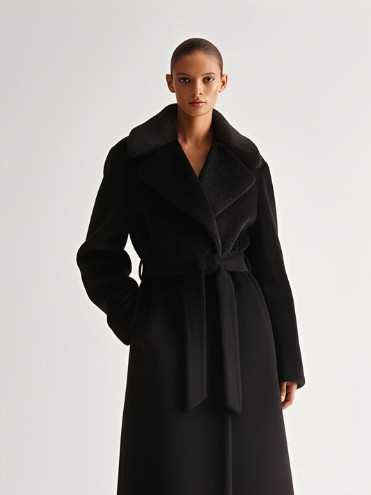 Abrigo de mujer negro de lana con cuello amplio y cinturón de atar, estilo minimalista elegante MDA2342J8I