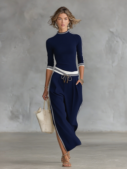 Conjunto de dos piezas de camiseta de manga larga de media altura para mujer y pantalones de pierna ancha con cordón MDA2569G9Y