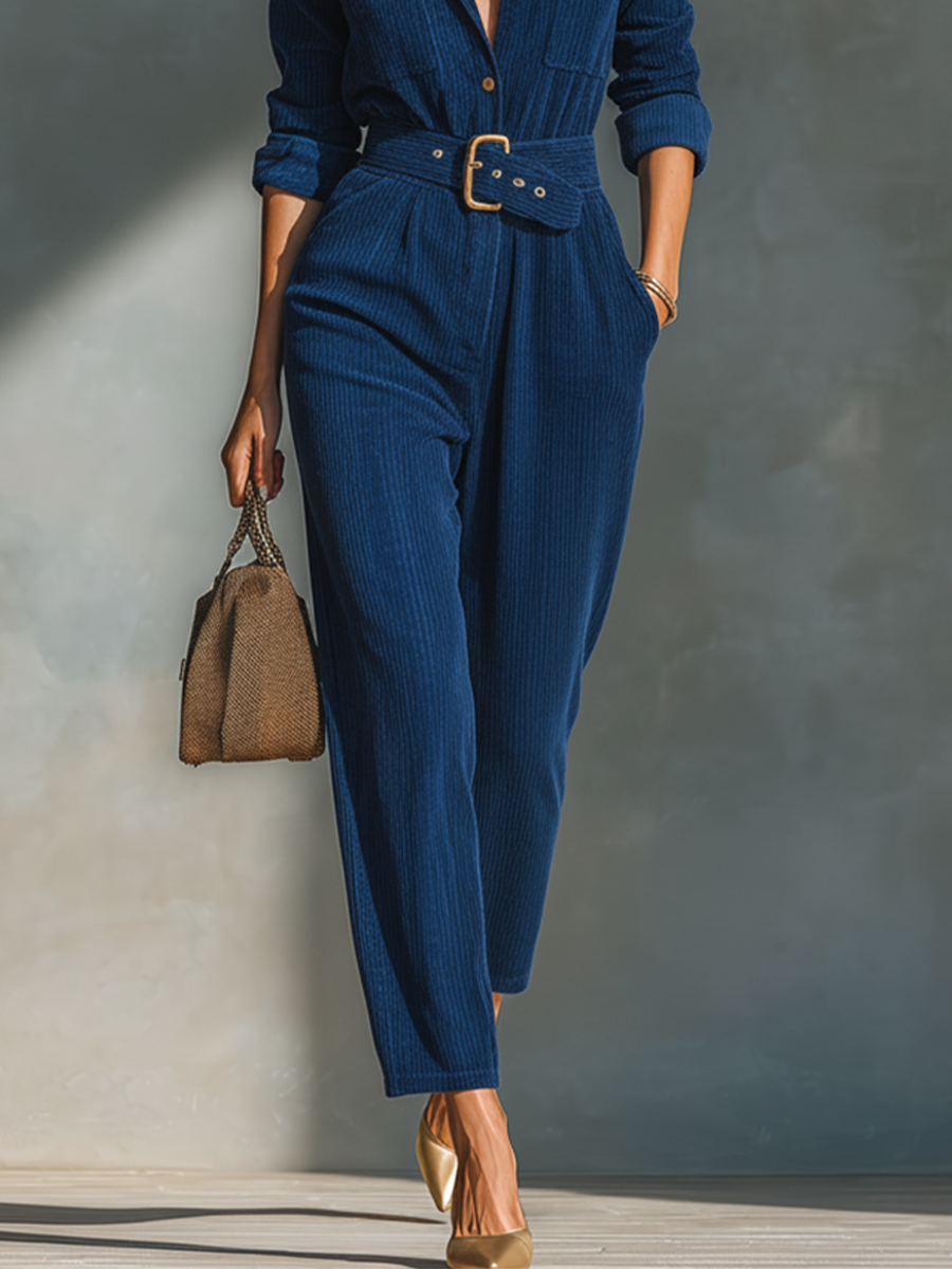 Conjunto de camisa y pantalones de pana azul oscuro para mujer MDA1520J3T