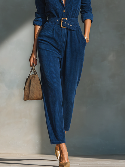 Conjunto de camisa y pantalones de pana azul oscuro para mujer MDA1520J3T