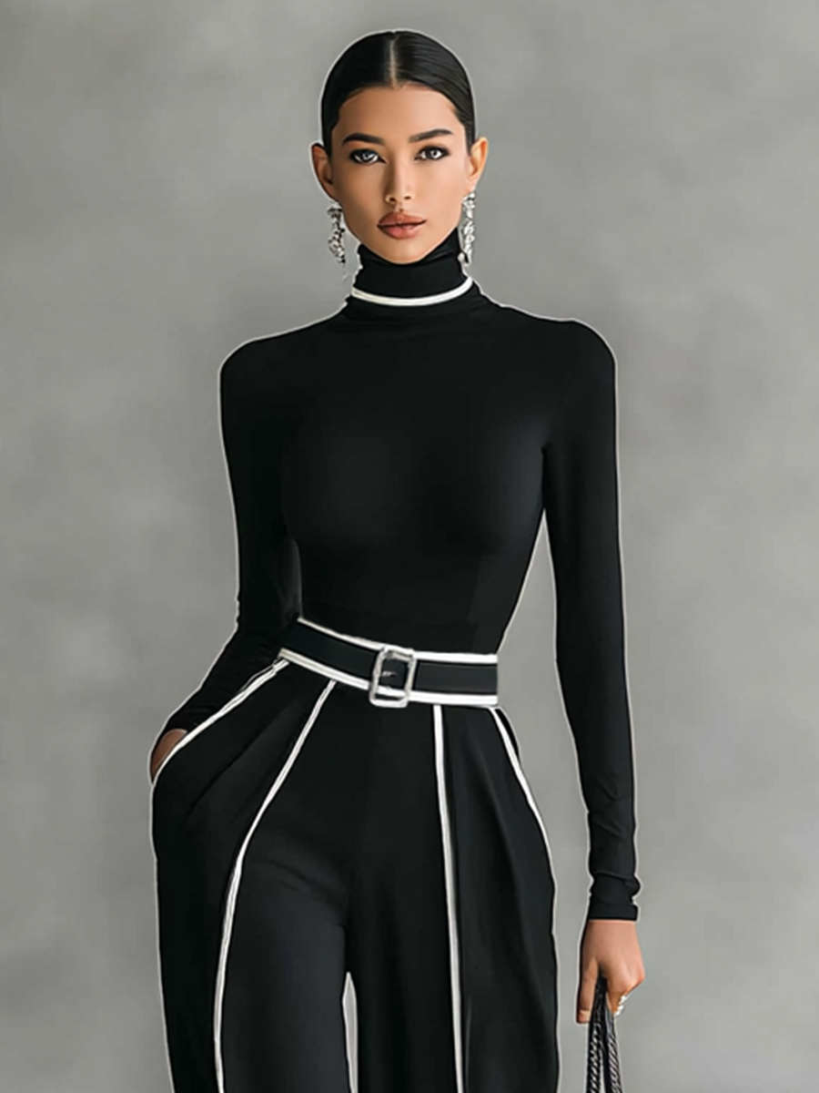 Elena -  Conjunto de 2 piezas: cuello alto y pantalón con cinturón