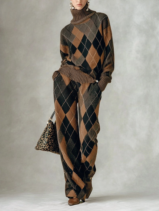 Conjunto de Suéter de Cuello Alto y Pantalones Rectos de Jacquard Argyle para Mujer MDA1596J6Y